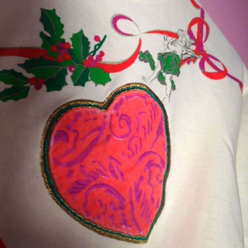 Vintage 80s Christmas Hearts White Sweater - Picture 4 of 5